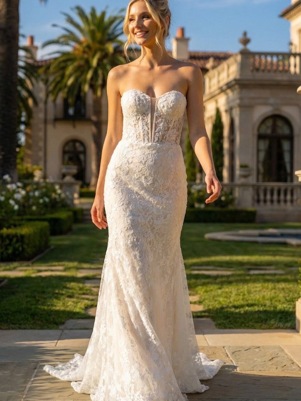 MERMAID WEDDING DRESS. STRAPLESS LACE NUDE BRIDAL GOWN , CHURCH DESTINATION